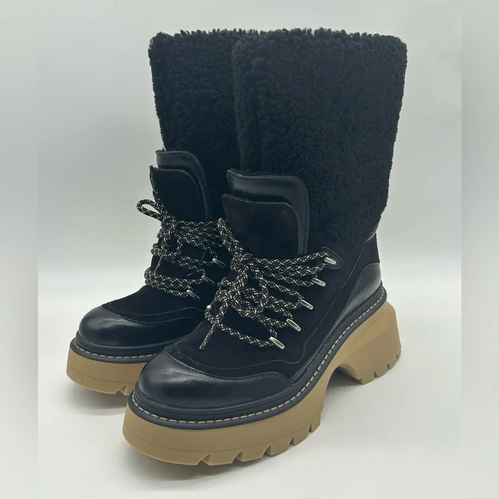 Michael Kors Shiloh Black Leather Faux Shearling Lug Sole Boots US 8.5 NWB